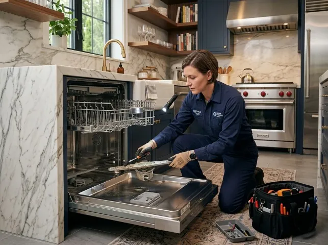 Appliance Repair Hero technician servicing a built-in dishwasher in a Bonnieville, KY kitchen