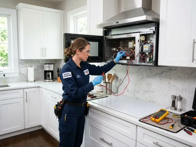 Appliance Repair Hero technician testing an over-the-range microwave in a Bonnieville, KY kitchen